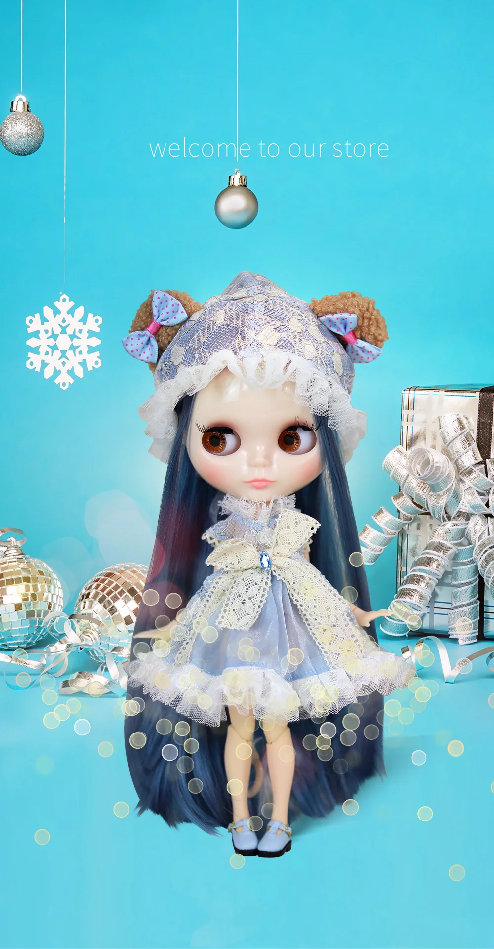 හේසල් - වාරිකය Custom Neo Blythe නිල් හිසකෙස්, සුදු සම සහ දිලිසෙන හුරුබුහුටි මුහුණ සහිත බෝනික්කා 1