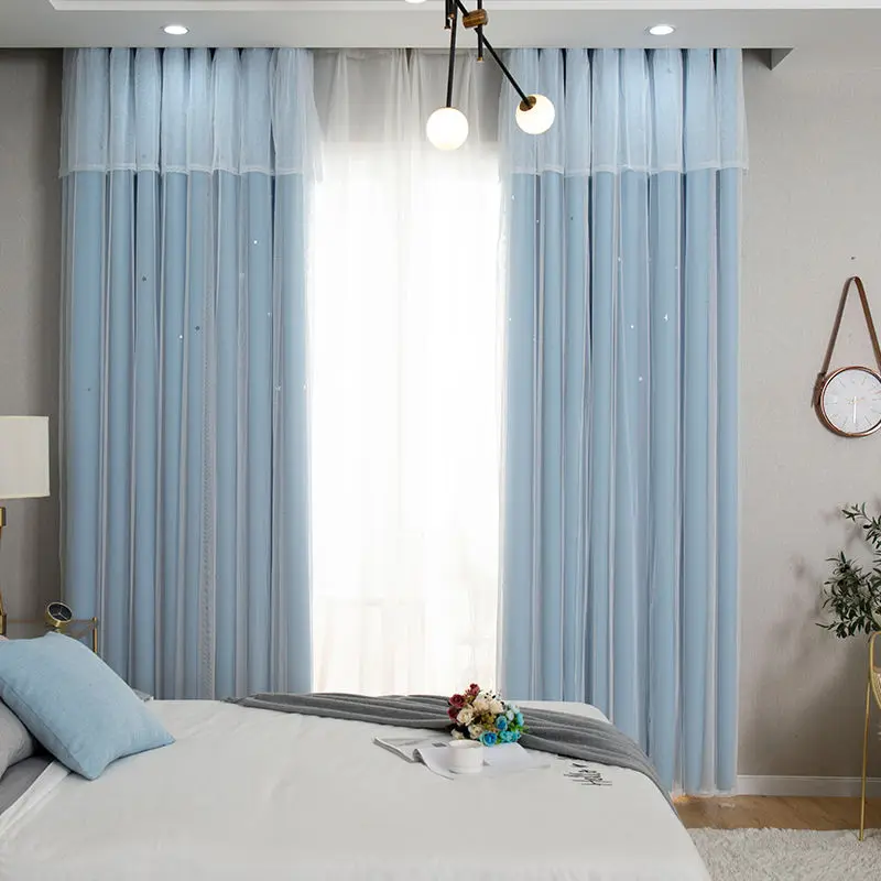 Hollow Out Star Princess Style Pink Double Layer Curtain Blackout Curtain for Living Room Bedroom 5