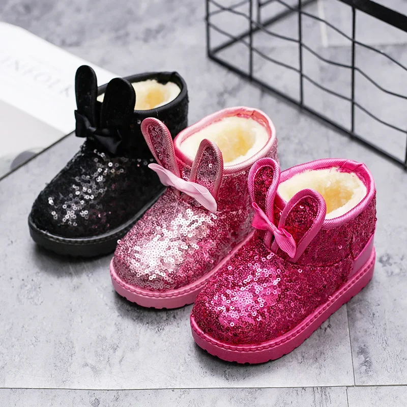 Girls Snow Boots Bunny Ear Bowtie Sequins Cute Winter Warm Ankle Boots Princess Toddler Non-slip Fashion Kids Boot Glitter Bling
