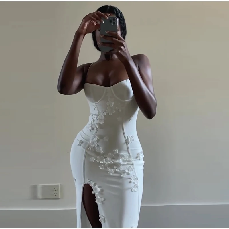 Sexy 3D Flowers Sling Tube Dresses Women Vintage Solid Slim Fit Sleeveless Slit Long Dress Female Spring Chic Evening Vestidos