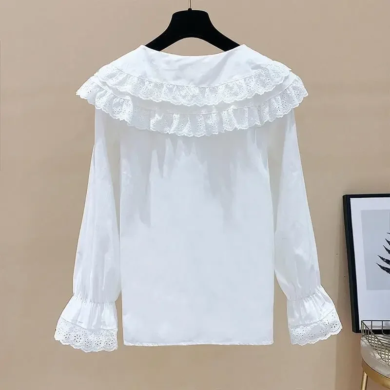 Spring Autumn Baby Toddler Teen Girls Sleeve School Girl Shirt Kids Pullover Tops Camisas Ruffles Lace Blouse White Long Sleeve