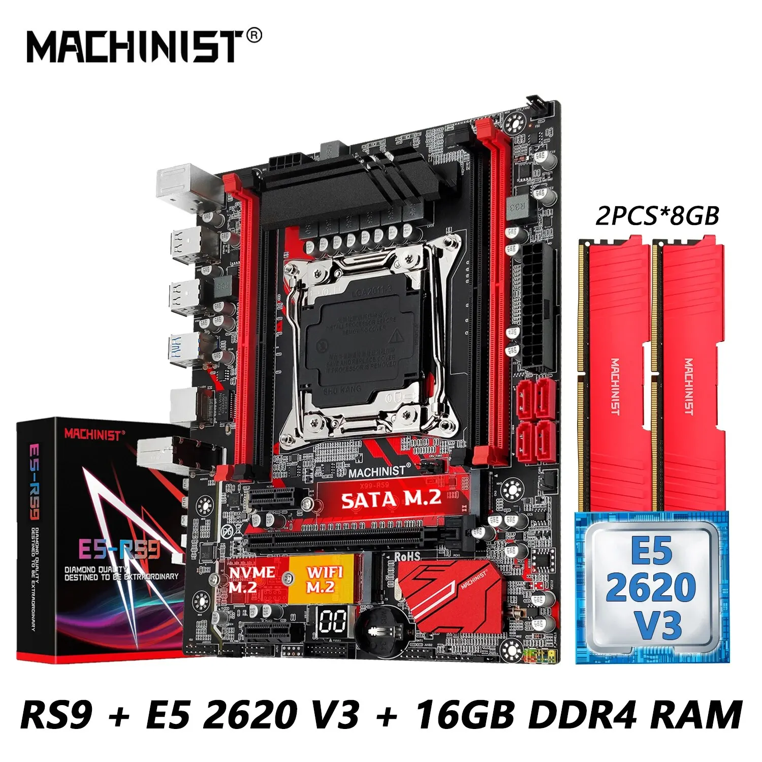 MACHINIST E5 RS9 X99 Motherboard Set Kit With LGA 2011-3 Xeon E5 2620 V3 CPU Processor and 16GB DDR4 RAM Memory Combo NVME M.2