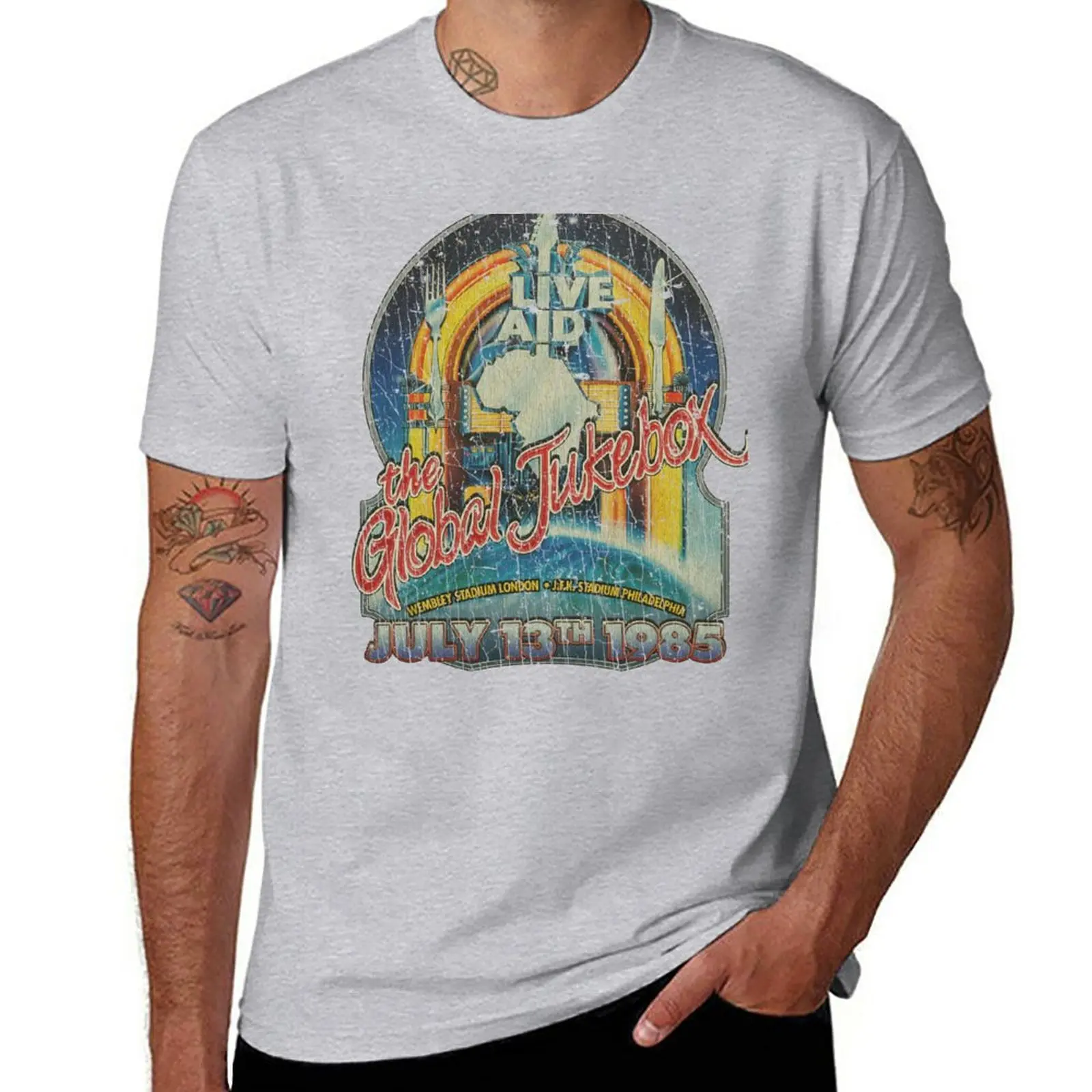 Live Aid Global Jukebox 1985 T-Shirt Tees Cute Tops Magliette Grafiche Da Uomo
