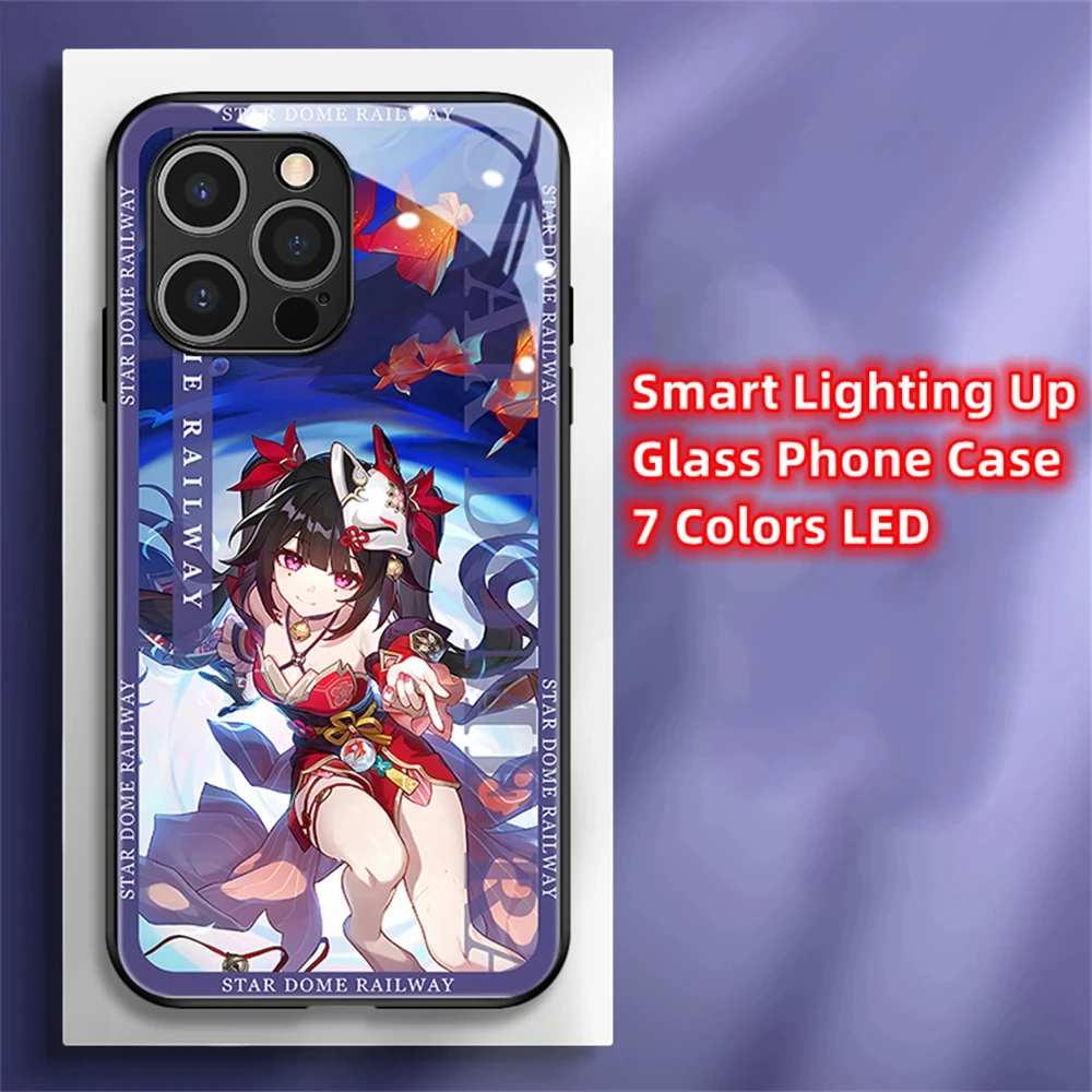 2024 Honkai Design Sound Control LED Flash Case Luminous Glass Cover For iPhone 15 14 13 12 11 Pro Max XR XS Plus 6 7 8 SE2020