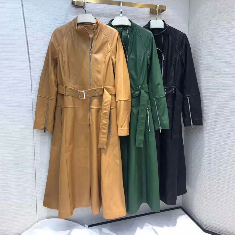 

Julypalette весенние женские длинные ветрозащитные пальто из натуральной овечьей кожи с поясом Модные женские тренчи из овечьей шкуры на молнии с круглым вырезом