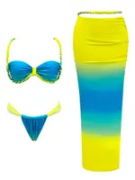 Underwire Bikini Swimsuit with Gradient Skirt High Waist Braid Swimwear for Women 3 Pcs Bathing Suits Summer Female