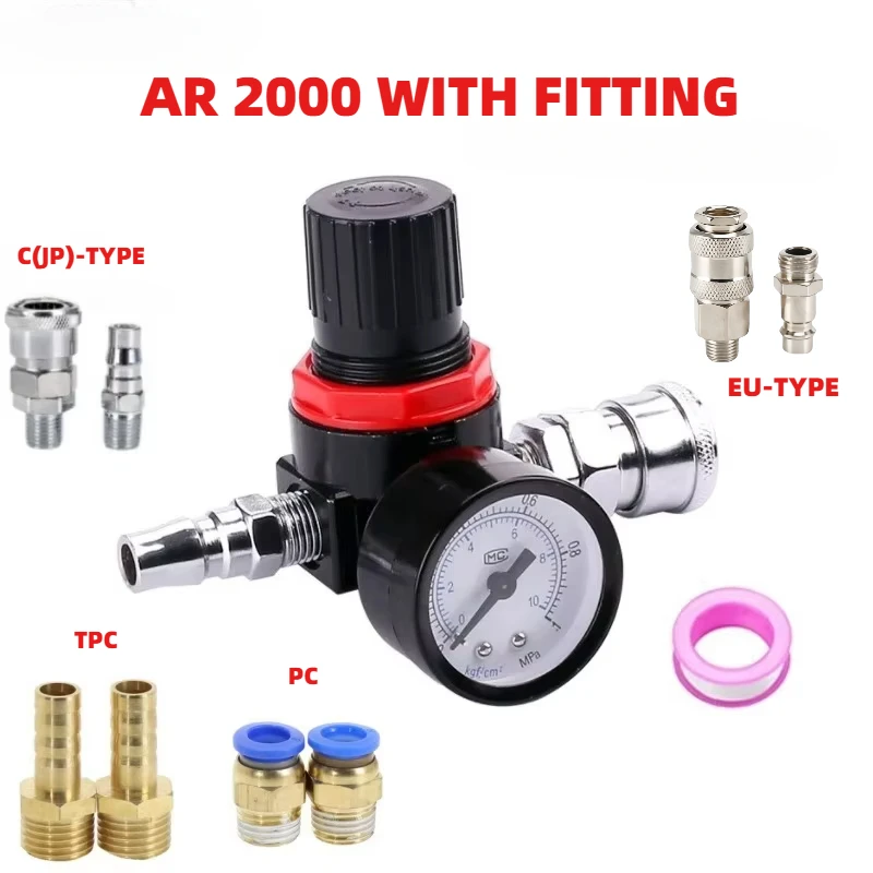 AR2000 G1/4 ''พร้อมอุปกรณ์ FRL หน่วย Air Control คอมเพรสเซอร์บรรเทาความดัน Valve6mm 8 มม.10 มม.12 มม. 1