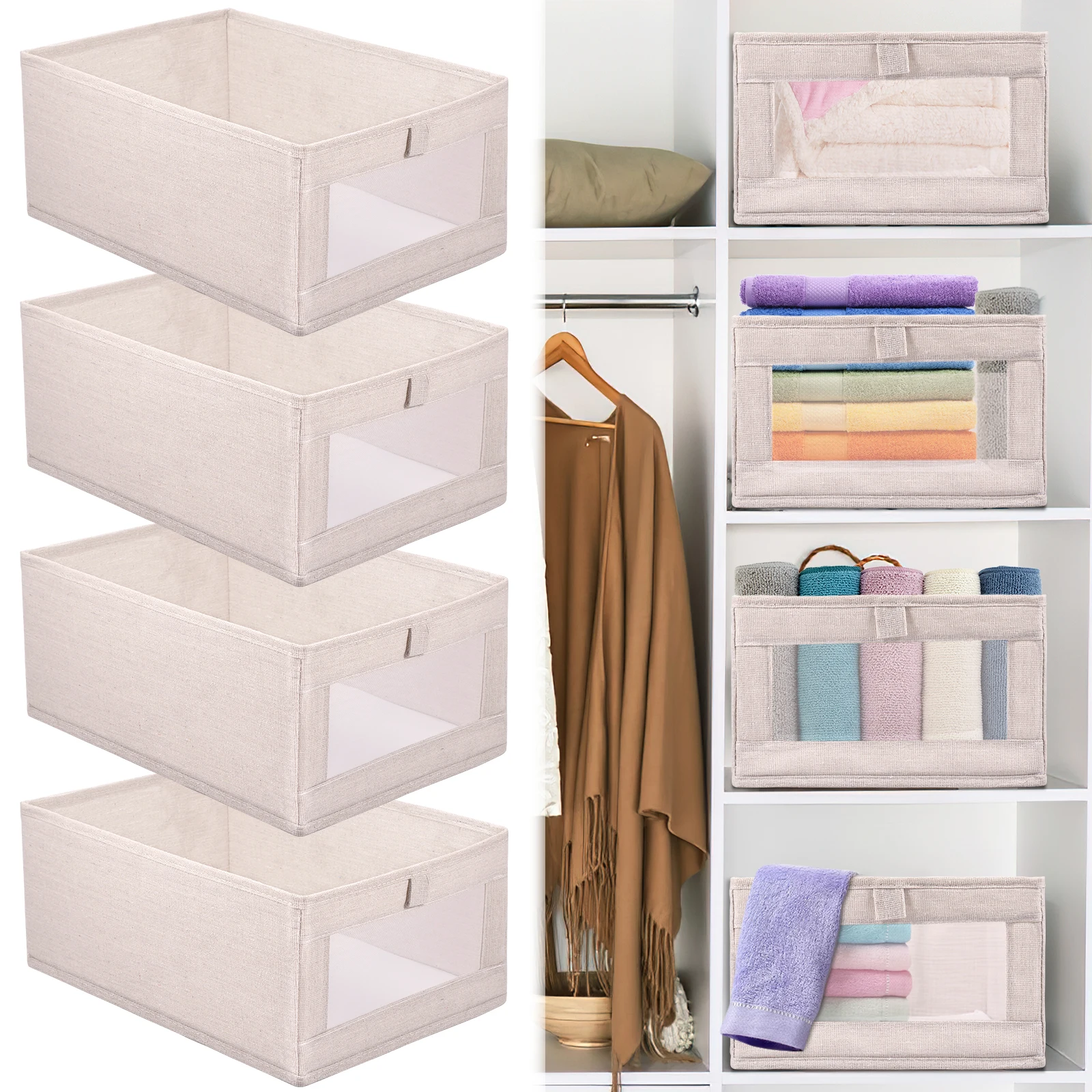 

4Pcs Closet Storage Bins 15.7×10.6×6.7 Inch Clothing Bin with Clear Window Foldable Closet Organization Cotton Linen Wardrobe