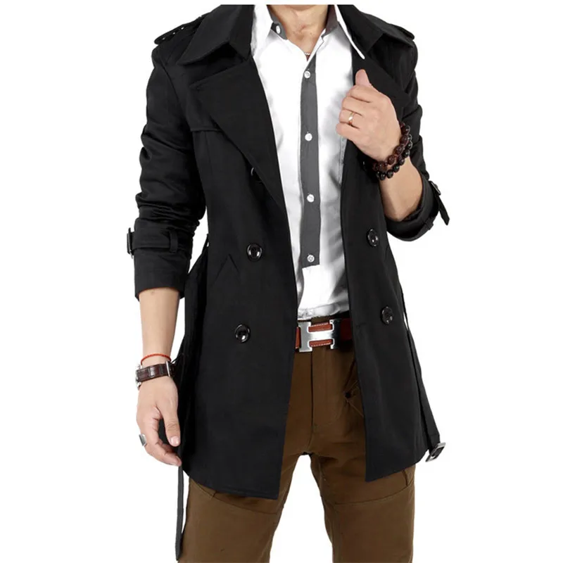 Men's Windbreaker Jacket Vintage Black Khaki Spring Autumn Business Trench Male Double Breasted Retro Classic Long Coat Thick