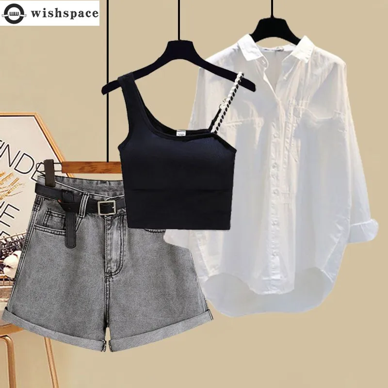 

Spring/Summer Set Women's 2023 New Korean Sun Protection Shirt Tank Top Slim and Versatile Denim Shorts Three Piece Set