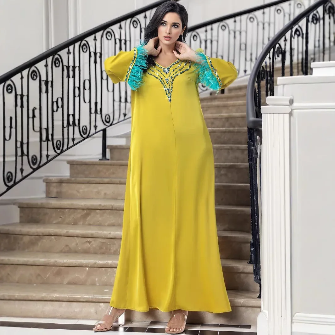 2025 عيد جلابة مسلم الماس رداء خليط ريشة المرأة فس...