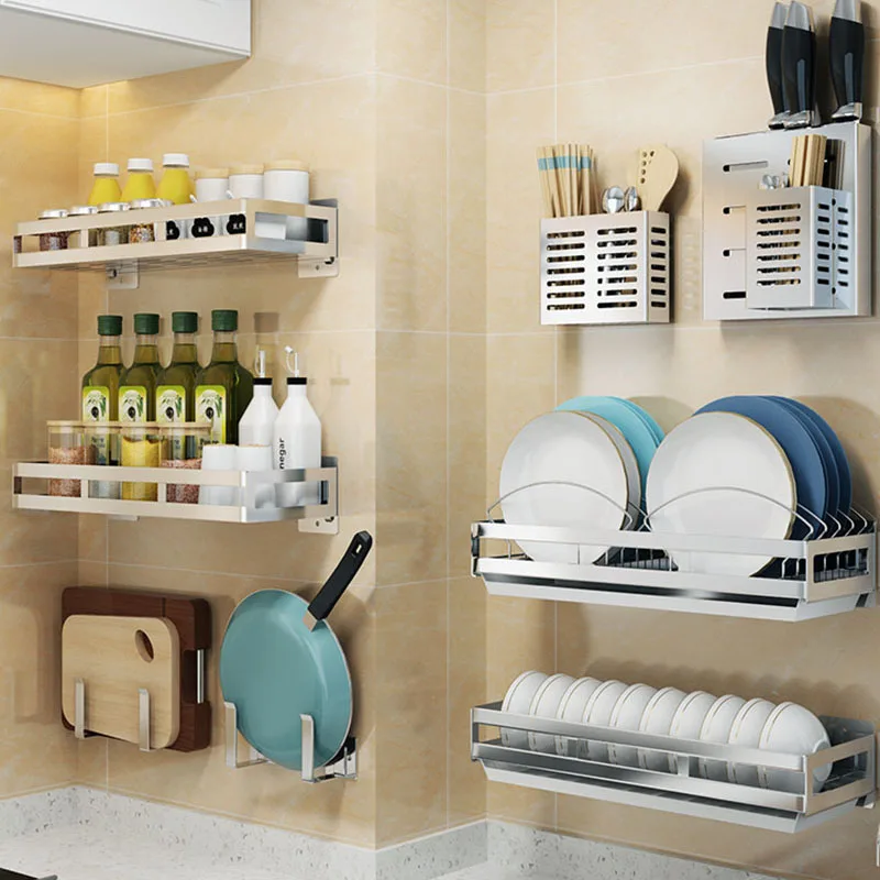 304 Stainless Steel Kitchen Shelf, Pot Rack, Wall Mounted Free Trimming Hole Punch, Kitchen Appliance Tool Rack