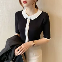 Button T-shirt Woman Short Sleeve Tee Grey Tops Black Polo Neck Shirts For Women Clothing Offer Elegant Hot Trend Aesthetic V - Image 2