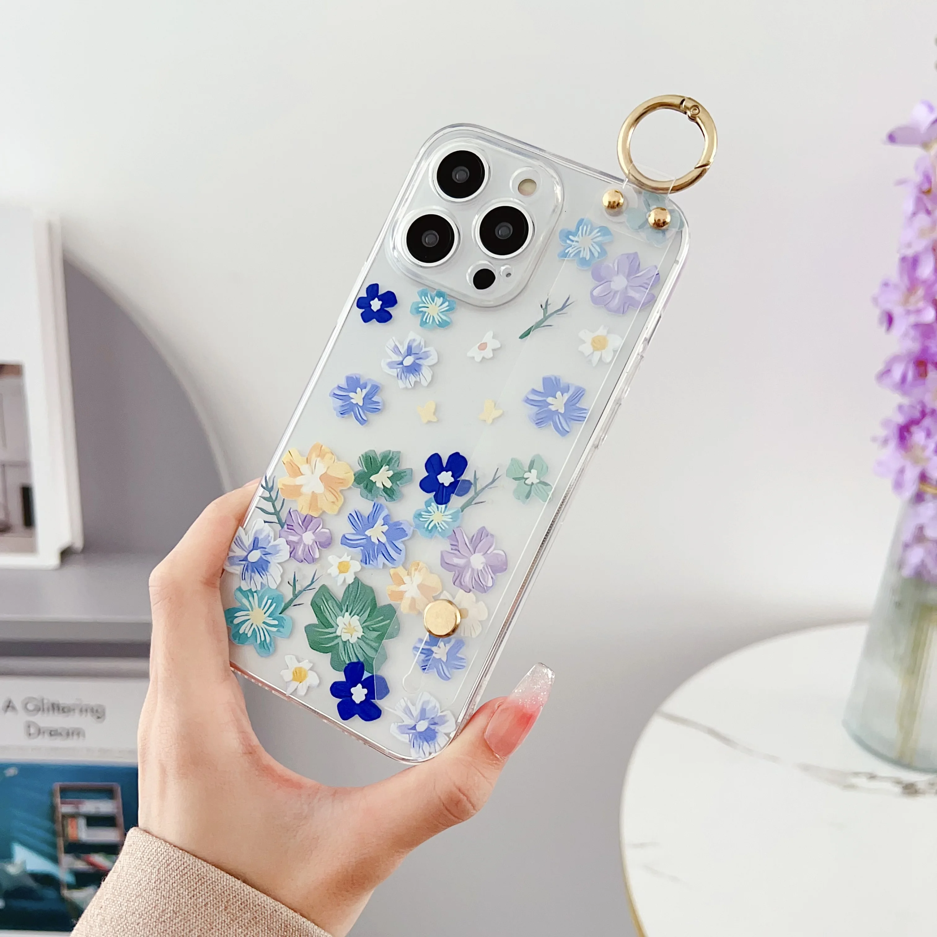 Elegant Floral Case with Wrist Strap