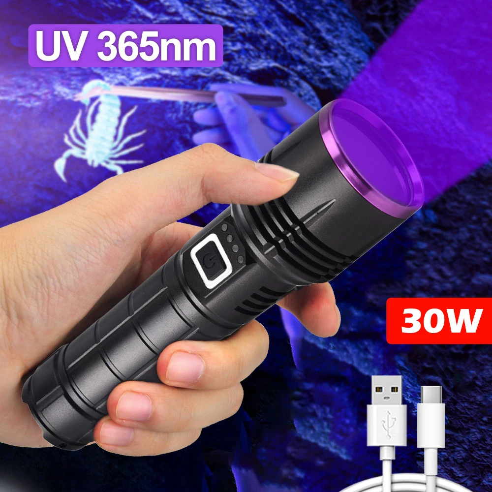 

30W 365NM UV Flashlight High Power USB Rechargeable UV Black Light Ultra Violets linterna Pet Dog Urine Stains Cat Moss Detector