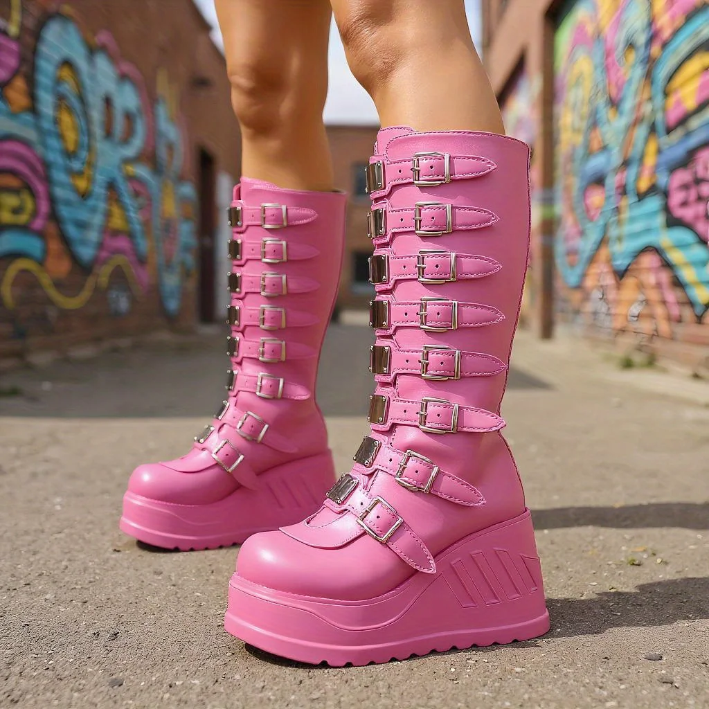 Women's Gothpunk Boots, Back Zip Platform Boots with Belt Trim - Suitable for Concerts, Theme Parties and Everyday Wear