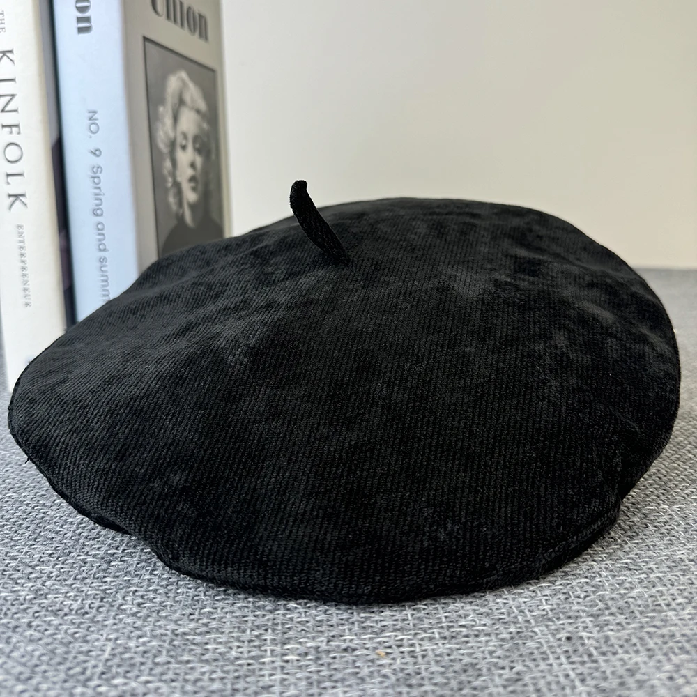Classic Premium Black Corduroy Beret Autumn Winter Thin Solid Color Trendy Versatile Painter Hat Simple Caps for Women FDM10