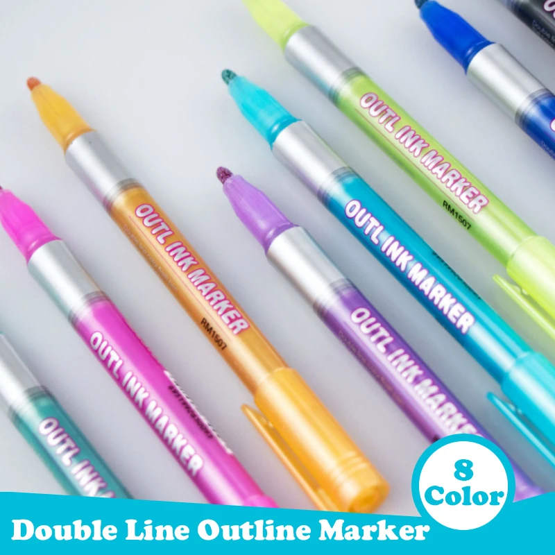 

Metallic Double Lines Markers 8 Colors Out line Pen Drawing Calligraphy Scrapbooking Manga Stationery Art stationery Supplies