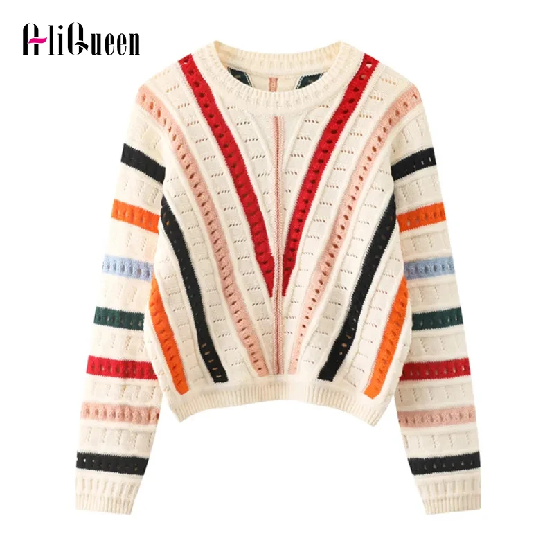 

Autumn Winter Striped O Neck Sweater Tops Korean Long-sleeved Sexy Hole Sweater Asymmetric Loose Pullover Hollow Out Knitwear