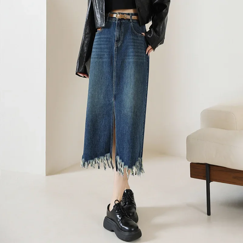 Falda vaquera con flecos NicheDesign Sensibility, estilo vintage, única, con abertura lateral en la parte delantera, falda alta con corte en la parte media para mujer