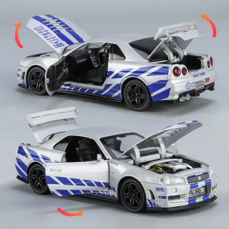 1:32 닛산 GTR R34 스카이 라인 패스트 앤 퓨리어스 합금 자동차 모델, 사운드 및 라이트 풀 백 어린이 장난감, 수집품 생일 선물