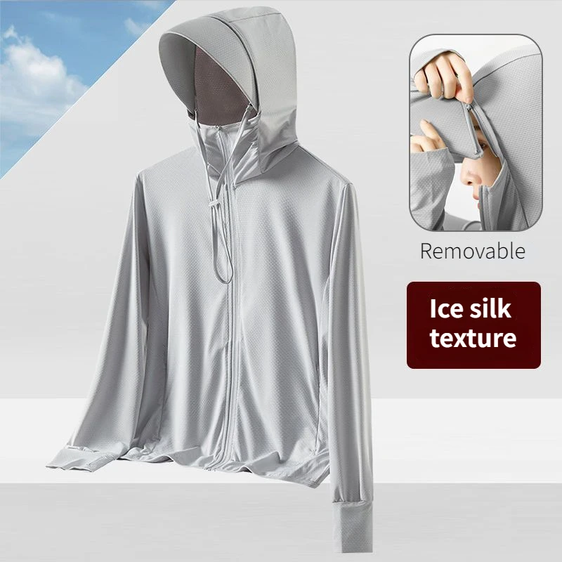 Hooded Ice Silk Summer Jacket Man Fishing Clothing Thin UPF 50+ UV Sun Protection Hiking Outdoor Sports Long Sleeve Sun Shirt