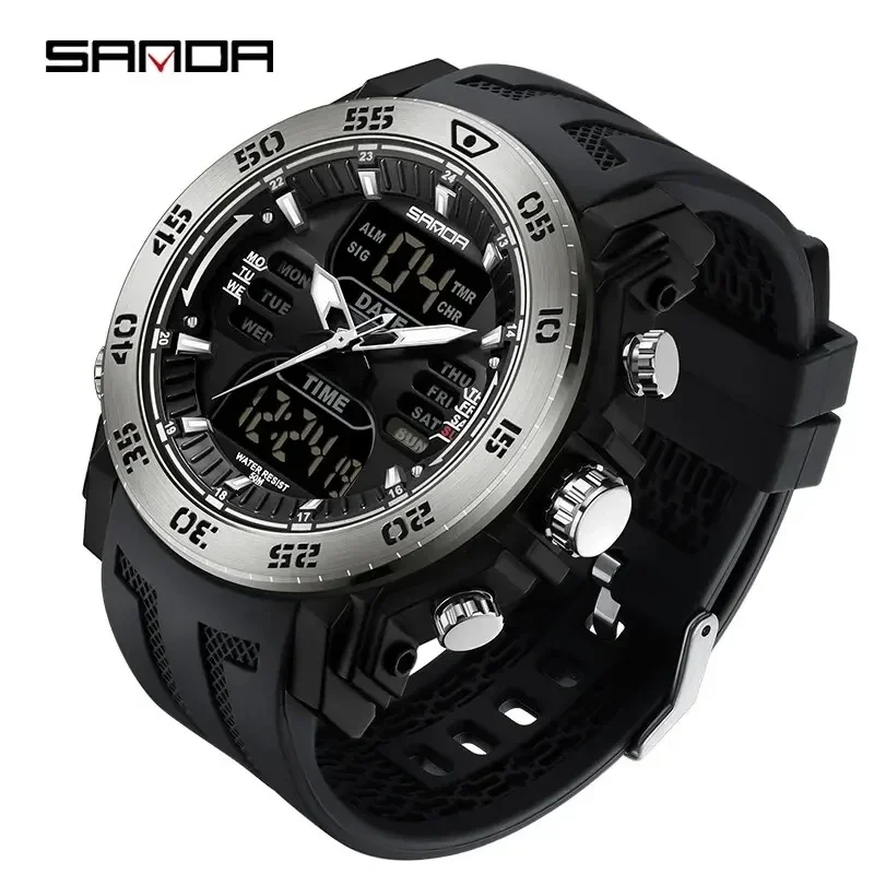 SANDA 6029 Military LED Dual Display Watch for Men Sport Large Dial Waterproof Quartz Digital Wristwatch Mens Reloj Para Hombre