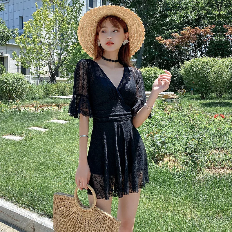 

2023, корейский купальный костюм с длинным рукавом, купальник для женщин, женский слитный купальник, цельная сетчатая кружевная юбка-танкини