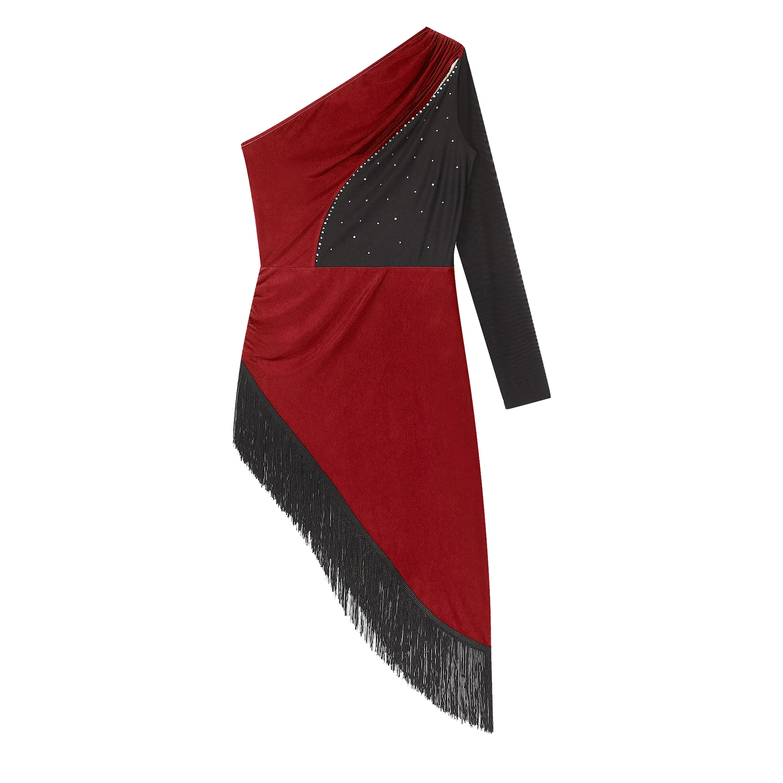 Latein-Tanzkleid mit Pailletten, Cha-Cha-Tango-Tanzkleid für Damen, Kabarett-Quaste, glänzende Strasssteine, One-Shoulder-Abschlussball-Ballsaalkleid – Detail 9