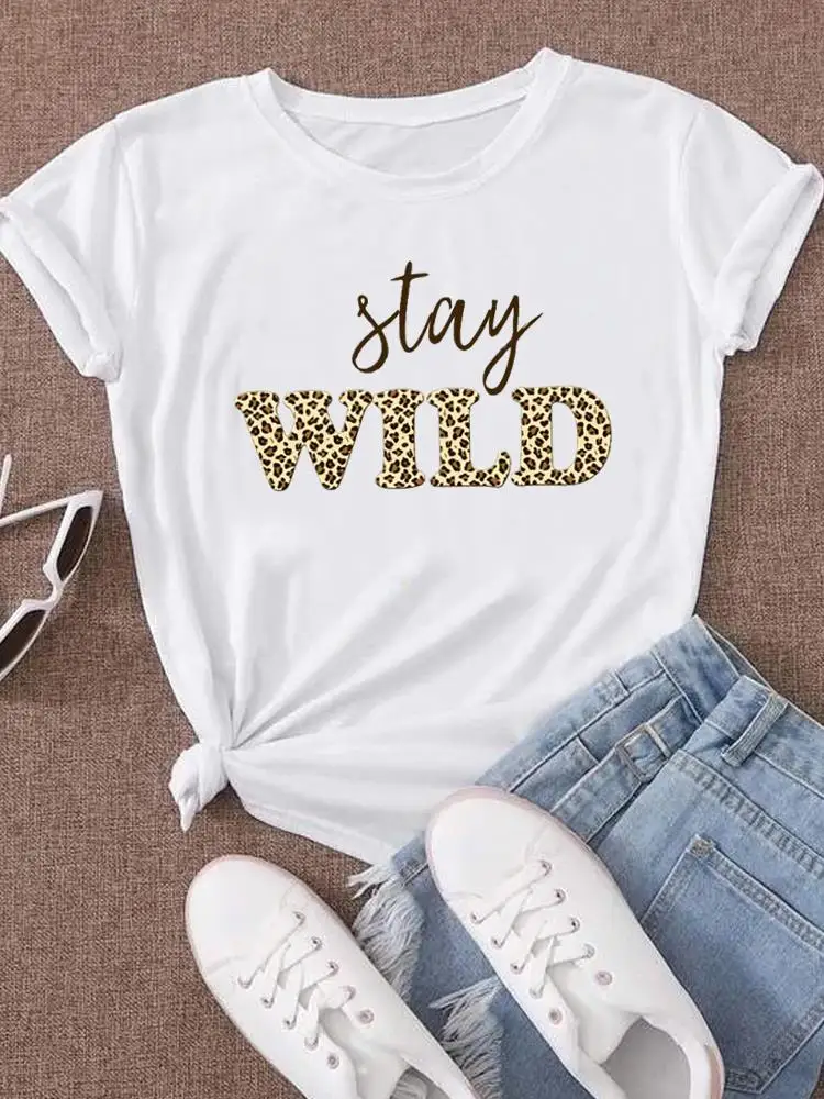 

Tee Top Women Fashion O-neck T Shirt Graphic T-shirts Print Leopard Letter 90s Cute Sweet Short Sleeve Clothing Clothes