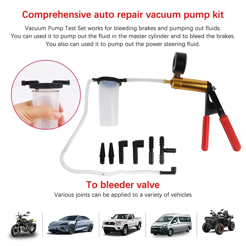 2 in 1 Manual Vacuum Pressure Pump Brake Fluid Drain Kit Vacuum Pistol Pump Tester Kit Portable Durable Aluminum Vacuum Gauge 4