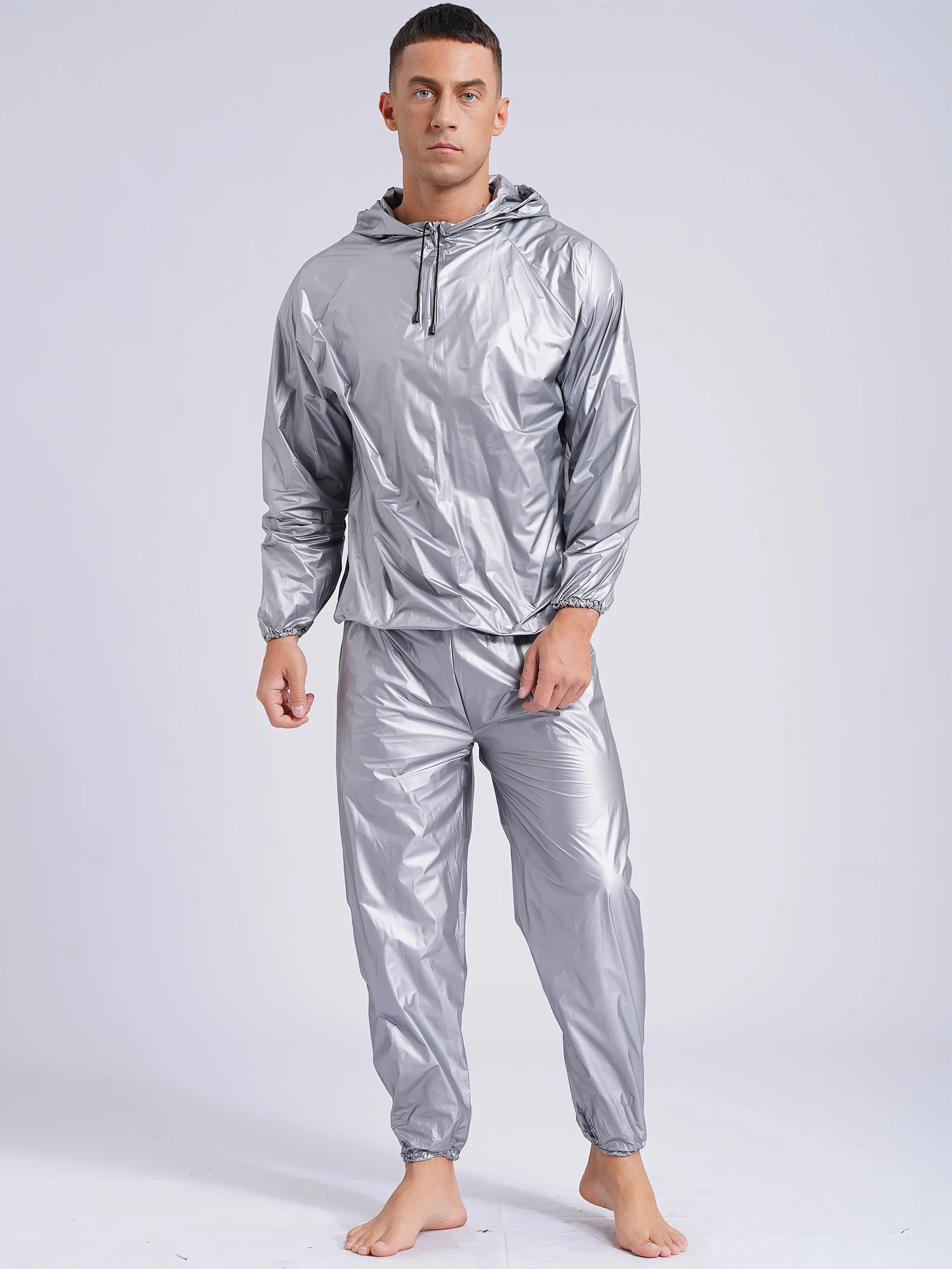 Mens Pullover Style PVC Sweating Suit Boxing Gym Workout Fitness Sauna Sweat Outfit Hooded Jacket Outerwear And Long Pants