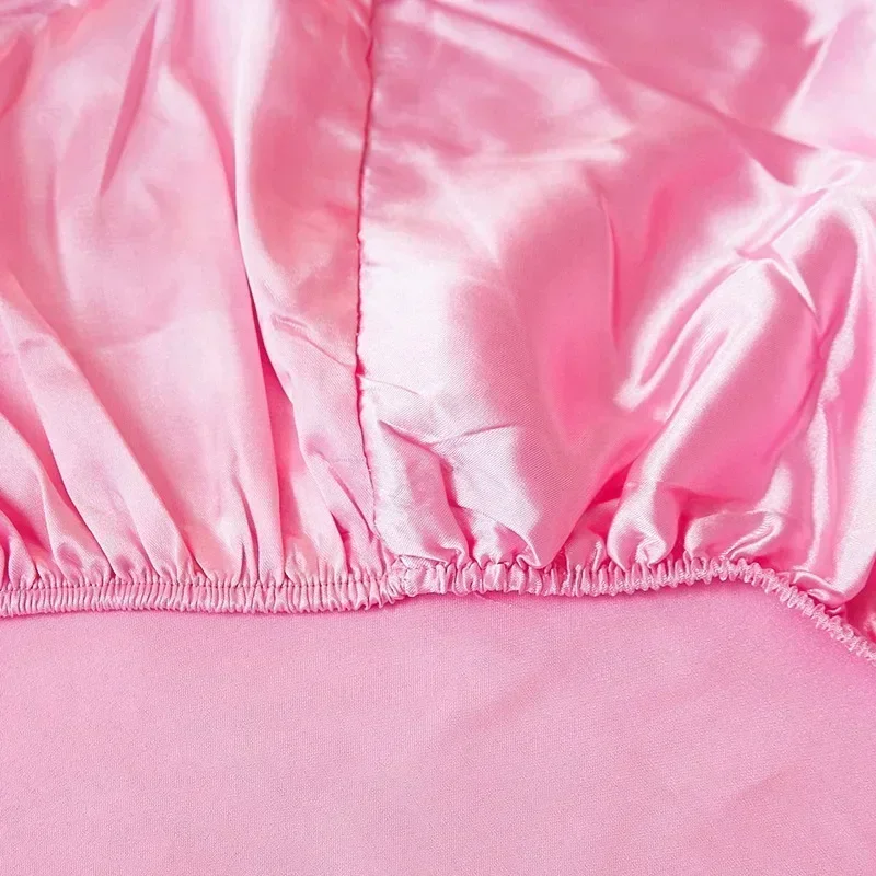 High End Satin Silky Fitted Bed Sheet Luxury Home Solid Single Double Bed Sheets Pillow Cases Elastic Band Mattress Cover Linens 5