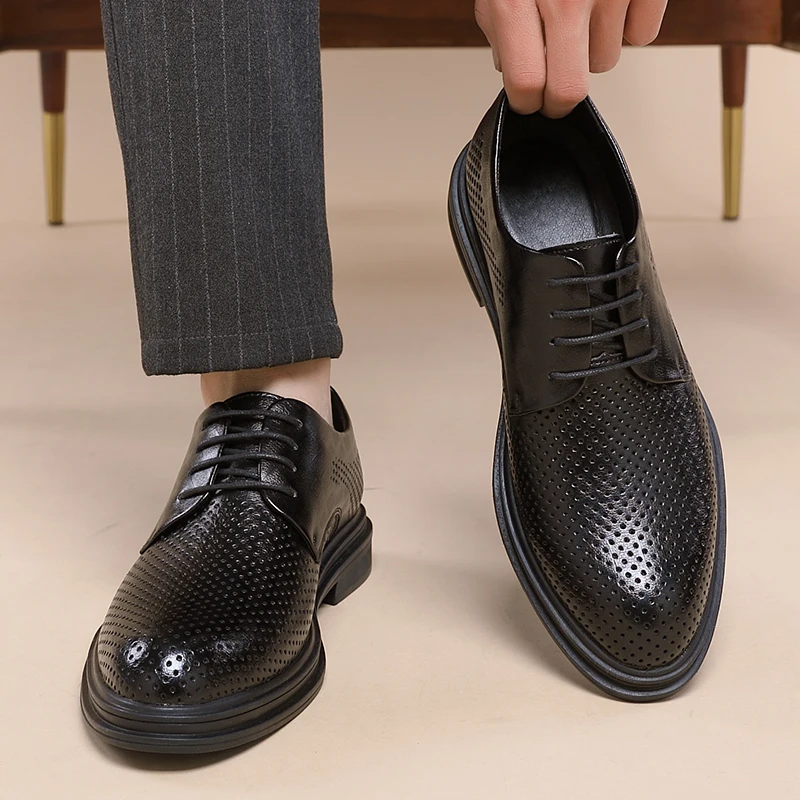 Mens Leather Dress Shoes Summer Elevator Shoes Men Dress Shoes 3/6/8 Cm Men Formal Hollow Classic Business Luxury Oxfords Footwear Suit