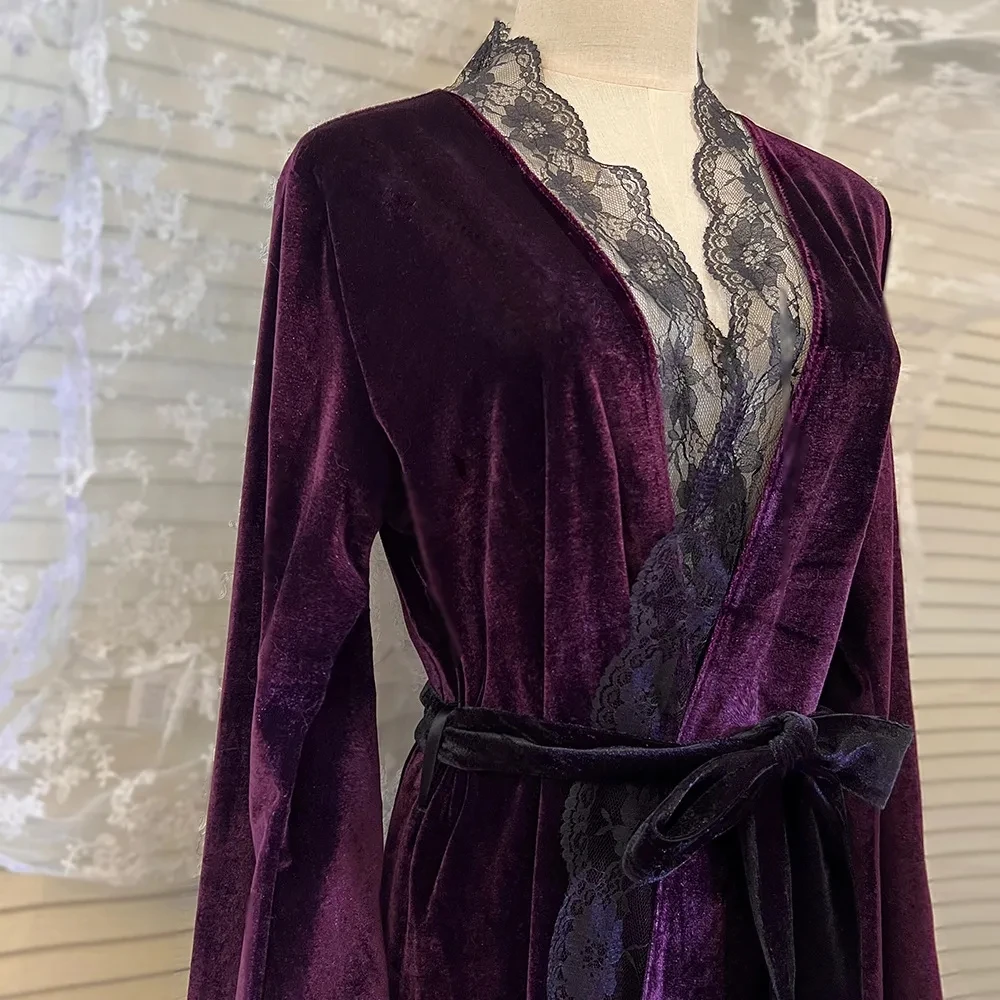 Women Sleepwear Silk Robe Cotton Bathrobe Gold Velvet Women Spring X-long Bathrobe Lace Ladies Robes With Sashes French Style Luxury V Neck Kimono Dressing Gown Female