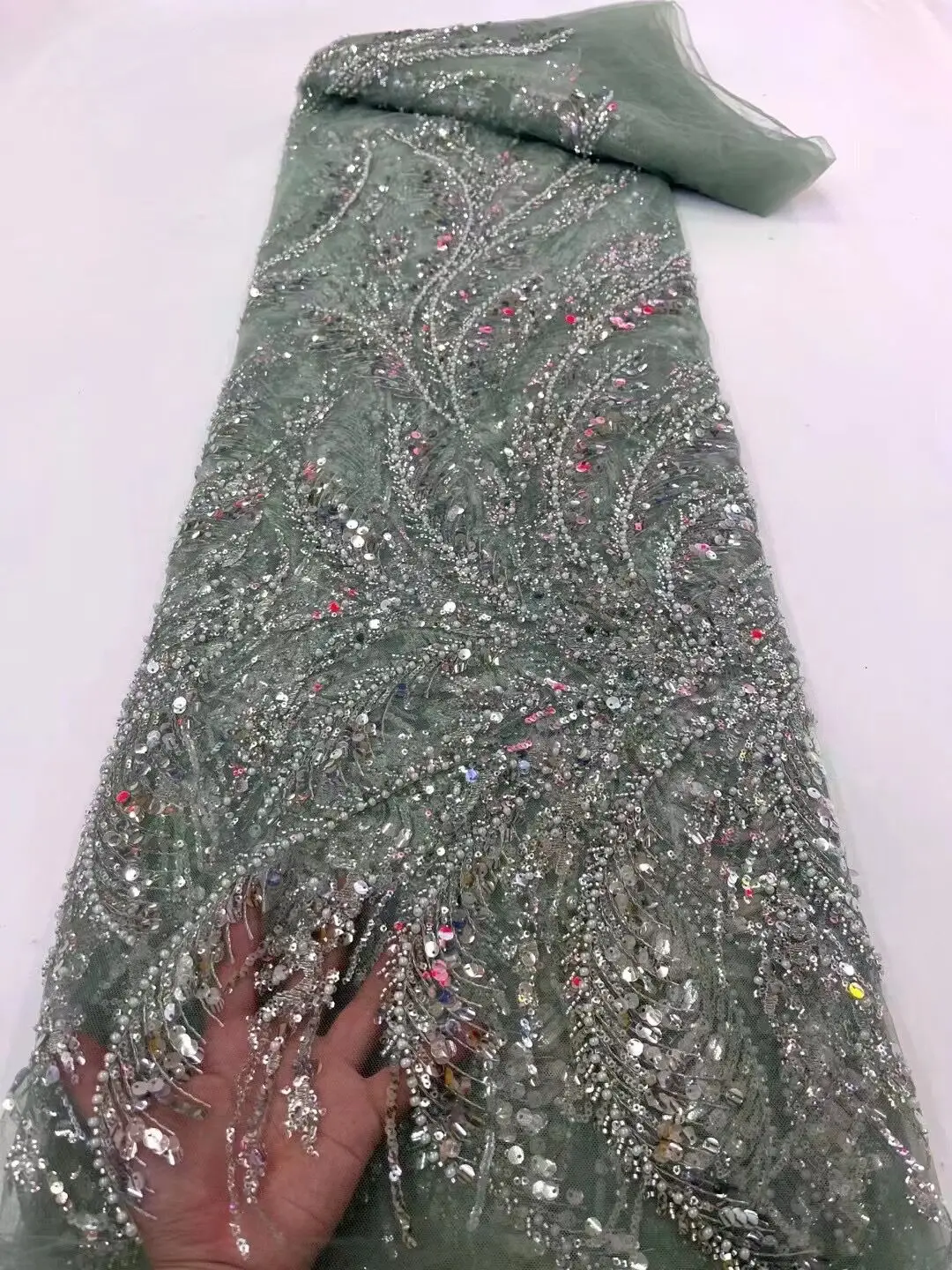 

African Sequins Lace Fabric High Quality ZH-1228383 Beads Embroidery French Tulle Lace Nigerian Wedding Dress