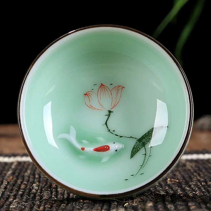 60ml High Quality Celadon Chinese Kung Fu Tea Set Round Flat Lotus Carp Pu'er Tea Cups Hand-painted Ceramic Single Carp Teacup