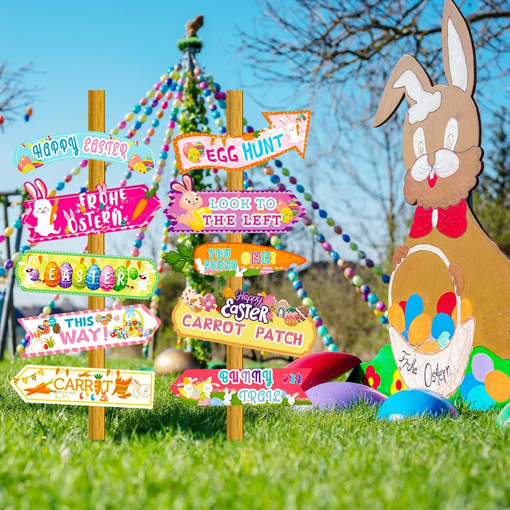 10-piece Easter Pendant Direction Paper Signs Decorative Props, Cute Rabbit Radish Lawn Pendant Party Decorations.