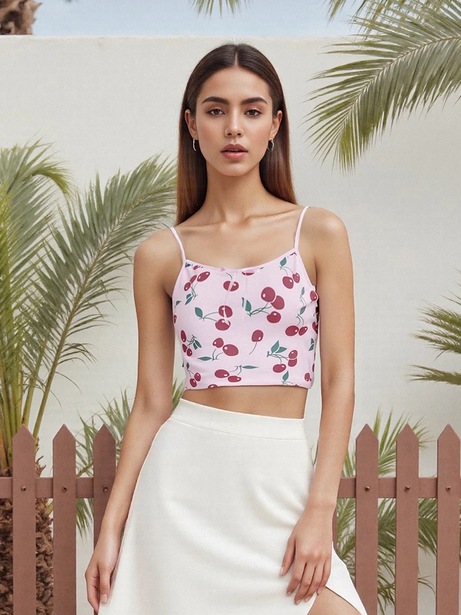 Women s Sleeveless Cherry Print Pajama Tank Top with Spaghetti Straps for Summer Loungewear and Sleepwear