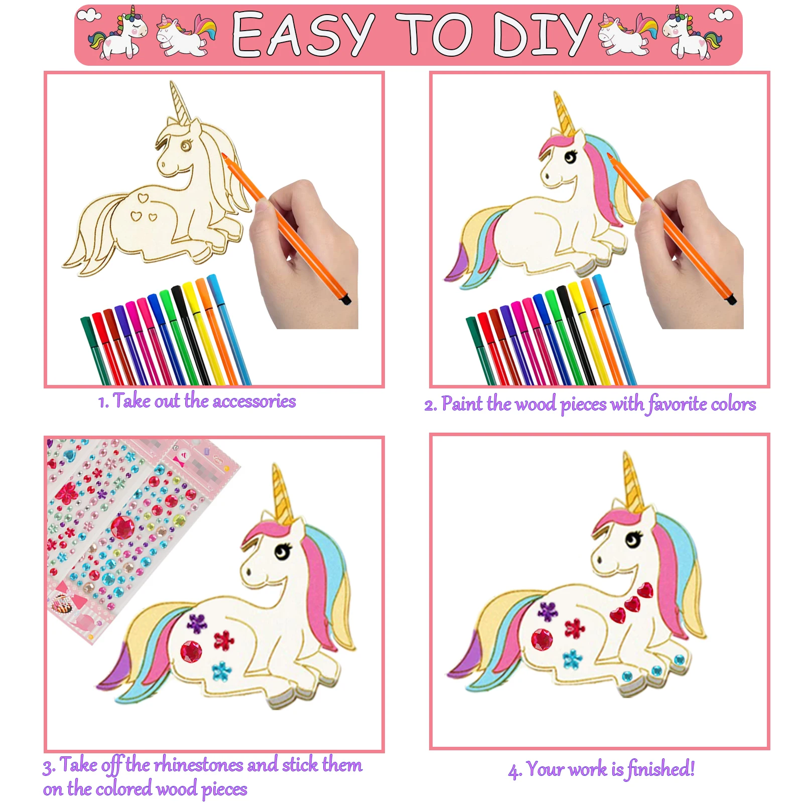 Craft Toys 386Pcs Unicorn Wood Craft Set 18Pcs Unicorn Wood 354 Rhinestones 12 Colored Pencils 2 Stickers Boys/Girls DIY Crafts