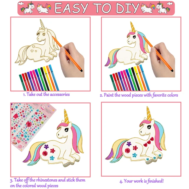 386Pcs Unicorn Wood Craft Set with 18Pcs Unicorn Wood, 354 Rhinestones, 12 Colored Pencils, 2 Stickers, Boys/Girls DIY Crafts 3