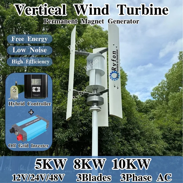 วัสดุพรีเมียม กังหันลมแนวตั้ง 5KW 8KW 10000W 12V 24V 48V เครื่องกำเนิดไฟฟ้าแม่เหล็กถาวร 3 เฟส AC ระบบออฟกริด สำหรับใช้ในครัวเรือน 1