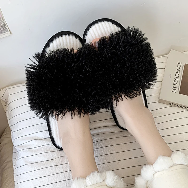 Autumn Winter Indoor Fluffy Fur Slippers Women 2025 Open Toe Non Slip House Slippers Woman Comfortable Soft Sole Plush Slides