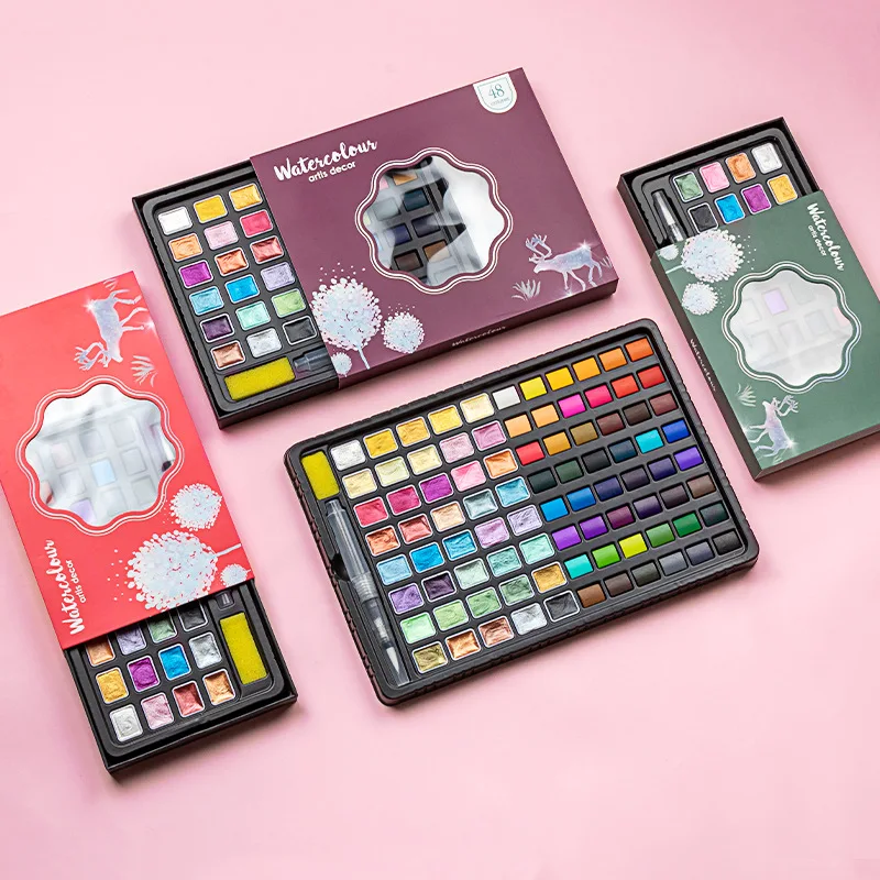Solid Watercolor Paint Set with Glitter & Standard Color, Pearlescent Pigment Kit Portable Travel Supplies for Beginners Artists