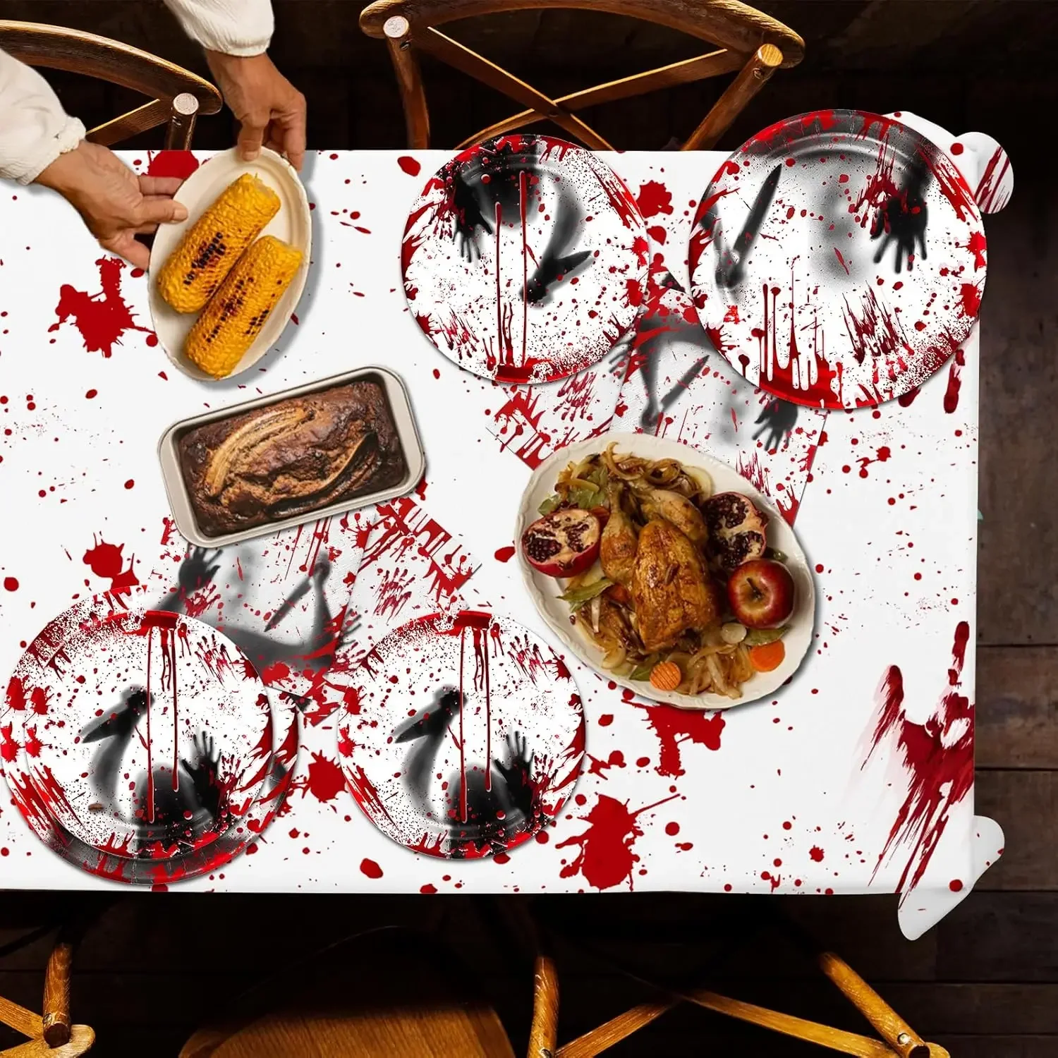 Halloween bloody hands themed tableware set paper plates paper cups napkins tablecloth disposable decoration supplies