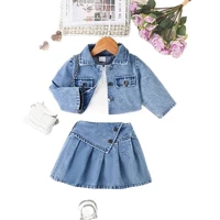 Robe en Denim bleu élégante pour petites filles, tenue décontractée, ensemble trois pièces, veste à manches longues, gilet, boutons métalliques, jupe plissée 3