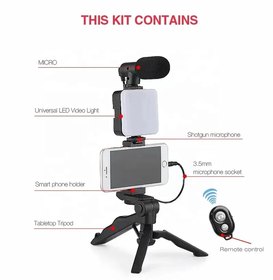 S61e49ce0772c413ea93e4e497e56797bh Smartphone Vlogging Kit With Tripod Phone Holder Mini Microphone LED Fill Light Starter For TikTok Live Stream Video YouTube Mallzona