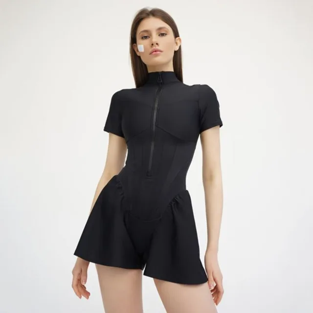 Combinaison pour femme 2026, nouvelle collection, couleur unie, fermeture éclair, col rond, manches courtes, body de sport, combinaison sexy et mince pour femme, été, une pièce 1