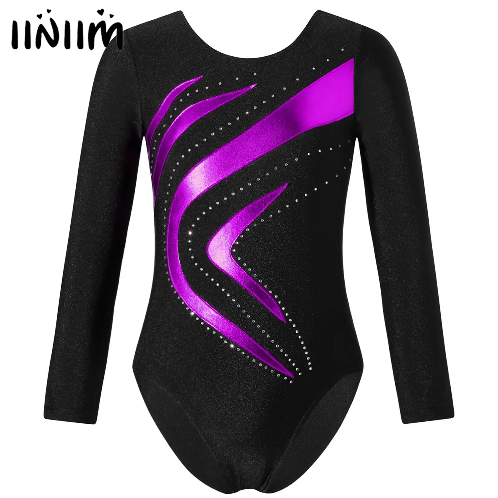 

Kids Girls Long Sleeve Gymnastics Figure Skating Yoga Bodysuit Shiny Rhinestone Bronzing Cloth Slim Fit Ballet Dance Leotards