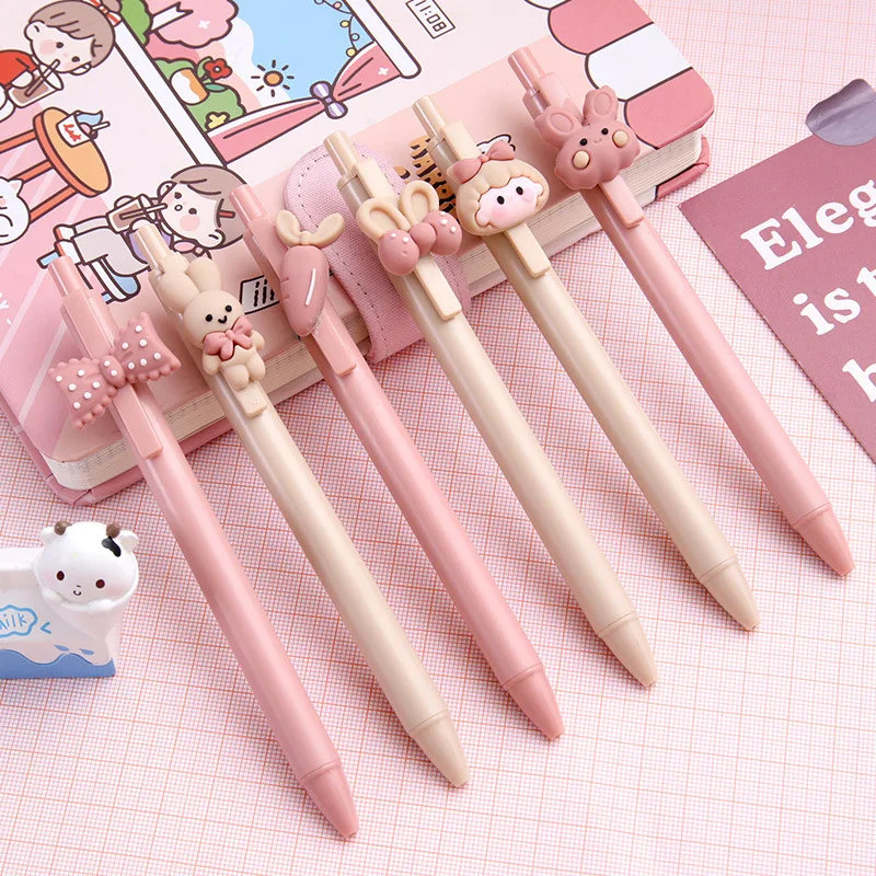 

6PCs Cute Pink Girl Ins Gel Press Water Pen And Cartoon Sweet Rabbit Exam Signature0.5mm Black School Supplies Stationery Kawaii